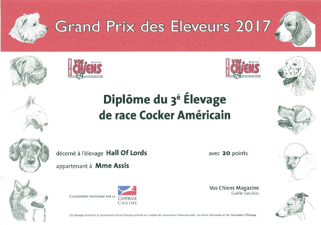 Hall Of Lords - 3ème Meilleur Elevage de Cocker Americain de France en 2017.